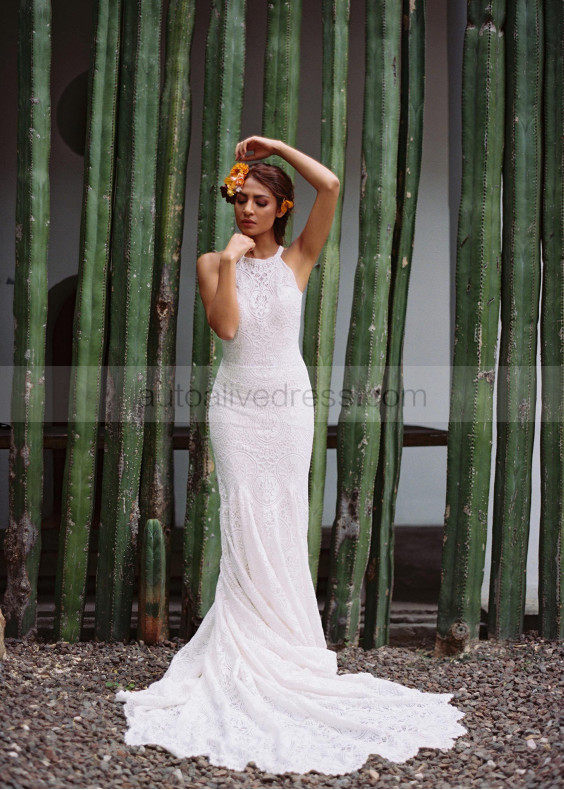 Halter Neck Ivory Lace Low Back Wedding Dress